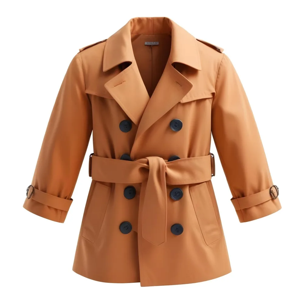 3d Model A Stylized Cartoonish Trench Coat In A Warm Orange Color Featuring A Double Breasted Design With Dark Buttons And A Wide Belt Around The Waist The Coat Has A Classic Collar And Rolled Up Sleeves Giving It A 15 C6a7