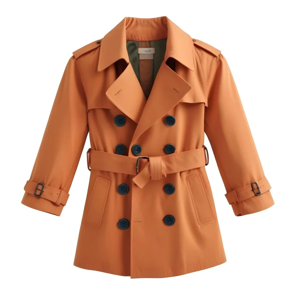 3d Model A Stylized Cartoonish Trench Coat In A Warm Orange Color Featuring A Double Breasted Design With Dark Buttons And A Wide Belt Around The Waist The Coat Has A Classic Collar And Rolled Up Sleeves Giving It A 17 2527