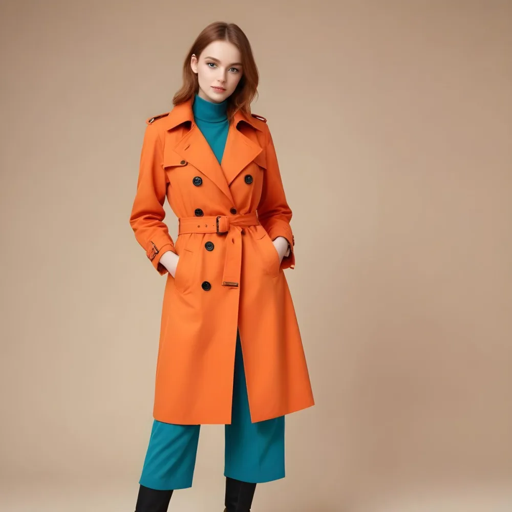 3d Model A Stylized Cartoonish Trench Coat In A Warm Orange Color Featuring A Double Breasted Design With Dark Buttons And A Wide Belt Around The Waist The Coat Has A Classic Collar And Rolled Up Sleeves Giving It A 27 545a