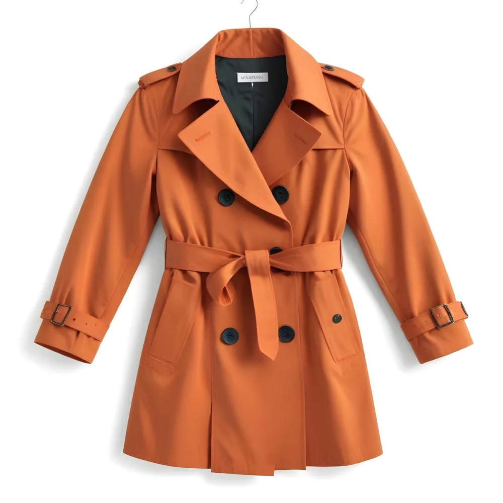 3d Model A Stylized Cartoonish Trench Coat In A Warm Orange Color Featuring A Double Breasted Design With Dark Buttons And A Wide Belt Around The Waist The Coat Has A Classic Collar And Rolled Up Sleeves Giving It A 29 0beb