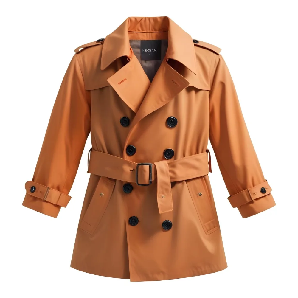 3d Model A Stylized Cartoonish Trench Coat In A Warm Orange Color Featuring A Double Breasted Design With Dark Buttons And A Wide Belt Around The Waist The Coat Has A Classic Collar And Rolled Up Sleeves Giving It A 32 2fac