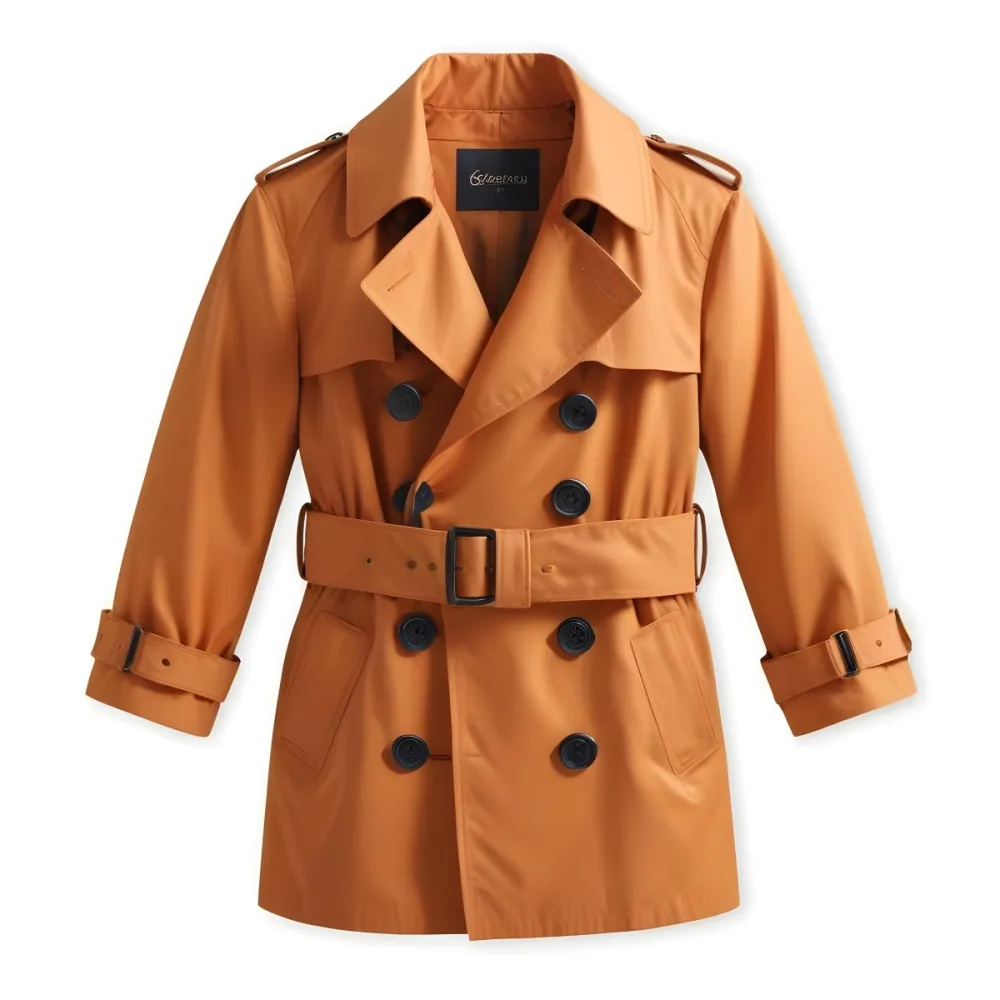 3d Model A Stylized Cartoonish Trench Coat In A Warm Orange Color Featuring A Double Breasted Design With Dark Buttons And A Wide Belt Around The Waist The Coat Has A Classic Collar And Rolled Up Sleeves Giving It A 36 Ea11
