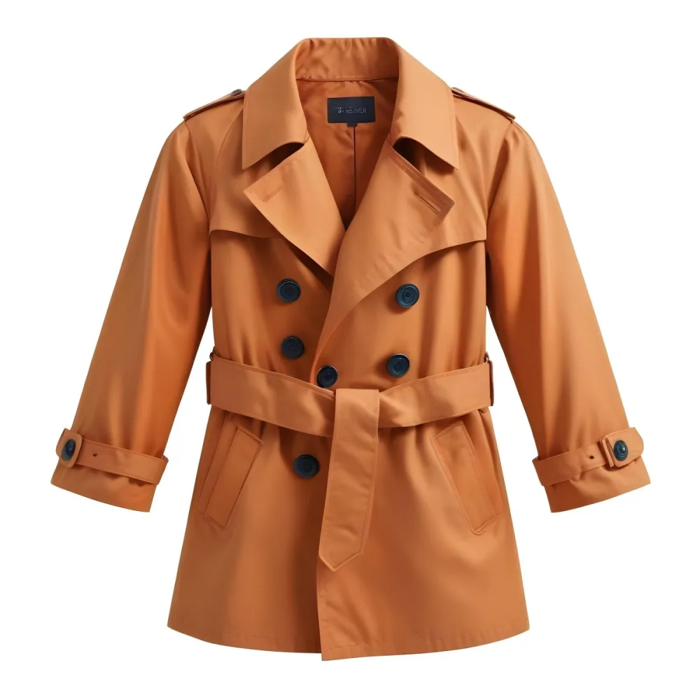 3d Model A Stylized Cartoonish Trench Coat In A Warm Orange Color Featuring A Double Breasted Design With Dark Buttons And A Wide Belt Around The Waist The Coat Has A Classic Collar And Rolled Up Sleeves Giving It A 48 713b