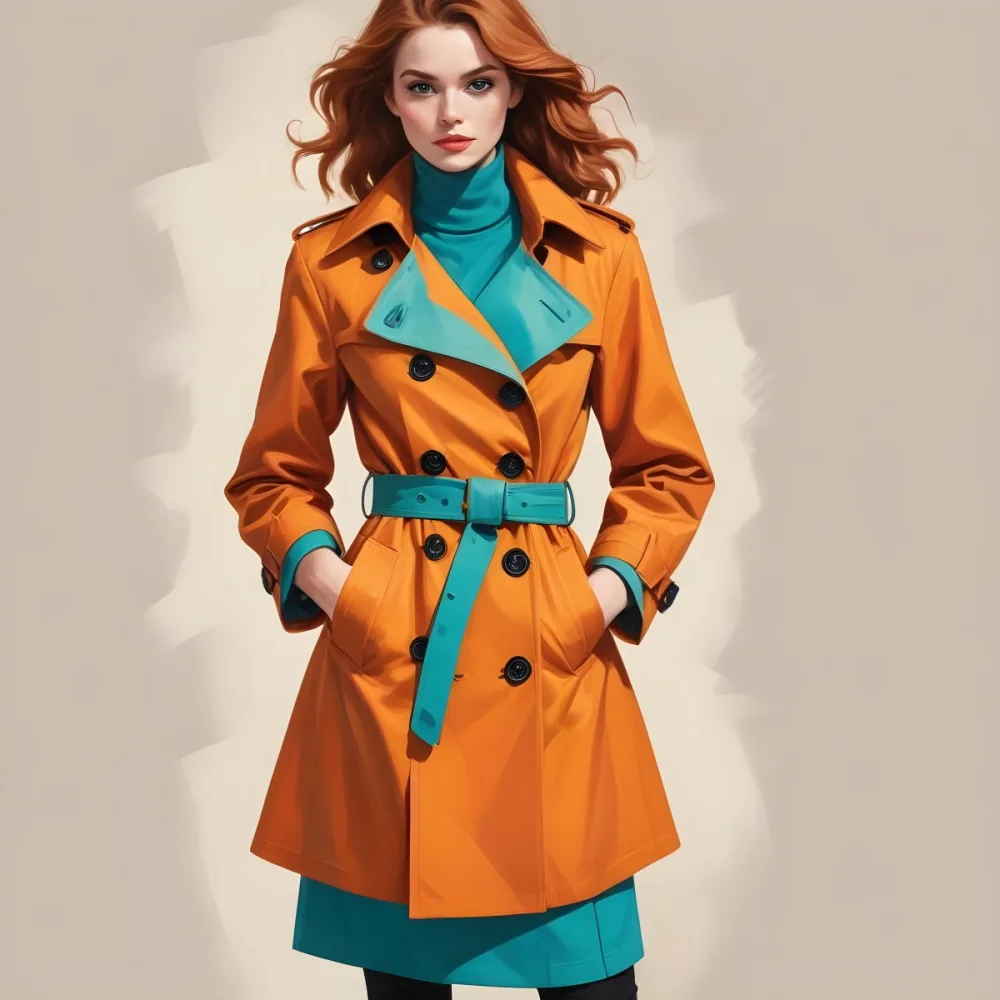 3d Model A Stylized Cartoonish Trench Coat In A Warm Orange Color Featuring A Double Breasted Design With Dark Buttons And A Wide Belt Around The Waist The Coat Has A Classic Collar And Rolled Up Sleeves Giving It A 51 Fd8a