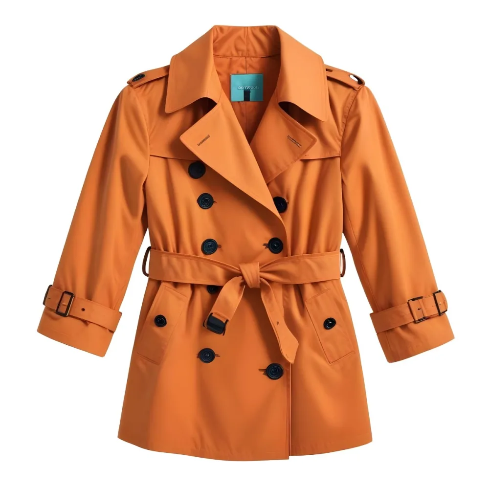 3d Model A Stylized Cartoonish Trench Coat In A Warm Orange Color Featuring A Double Breasted Design With Dark Buttons And A Wide Belt Around The Waist The Coat Has A Classic Collar And Rolled Up Sleeves Giving It A 68 6d1d