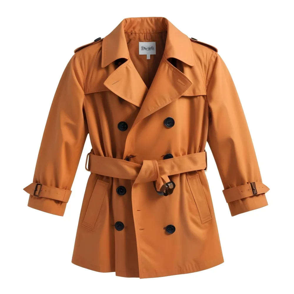 3d Model A Stylized Cartoonish Trench Coat In A Warm Orange Color Featuring A Double Breasted Design With Dark Buttons And A Wide Belt Around The Waist The Coat Has A Classic Collar And Rolled Up Sleeves Giving It A 69 Ce50