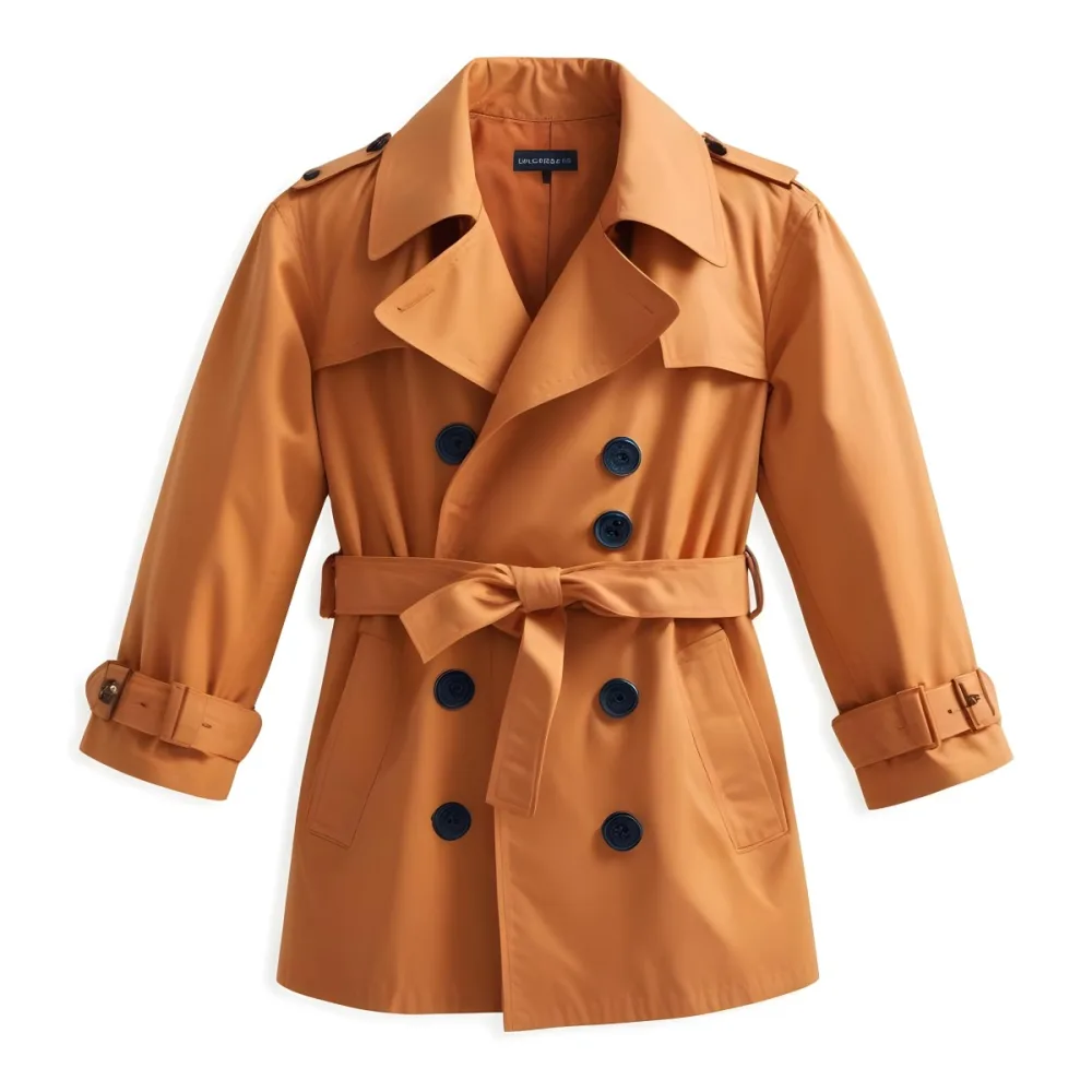 3d Model A Stylized Cartoonish Trench Coat In A Warm Orange Color Featuring A Double Breasted Design With Dark Buttons And A Wide Belt Around The Waist The Coat Has A Classic Collar And Rolled Up Sleeves Giving It A 70 7a15