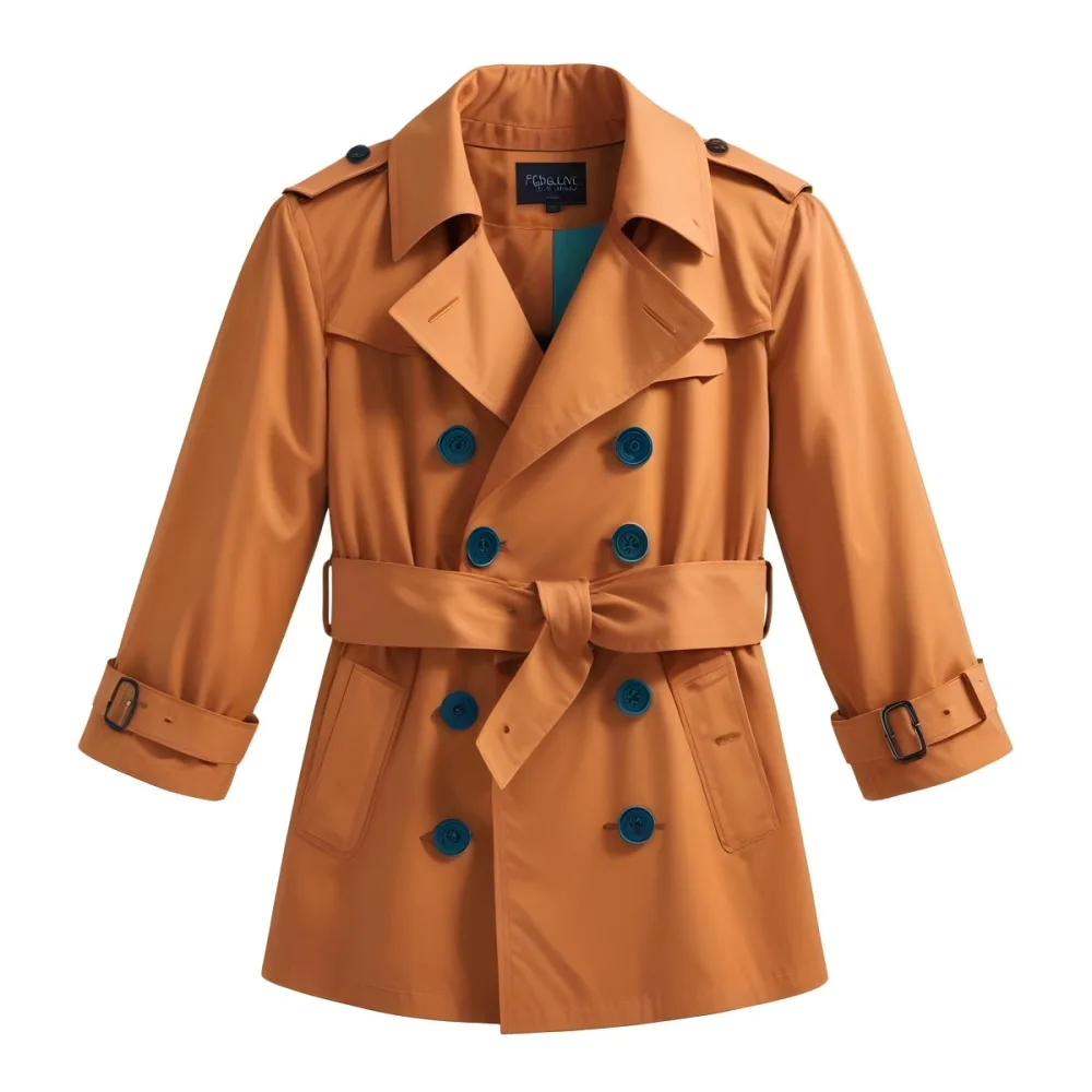 3d Model A Stylized Cartoonish Trench Coat In A Warm Orange Color Featuring A Double Breasted Design With Dark Buttons And A Wide Belt Around The Waist The Coat Has A Classic Collar And Rolled Up Sleeves Giving It A 71 Ddce