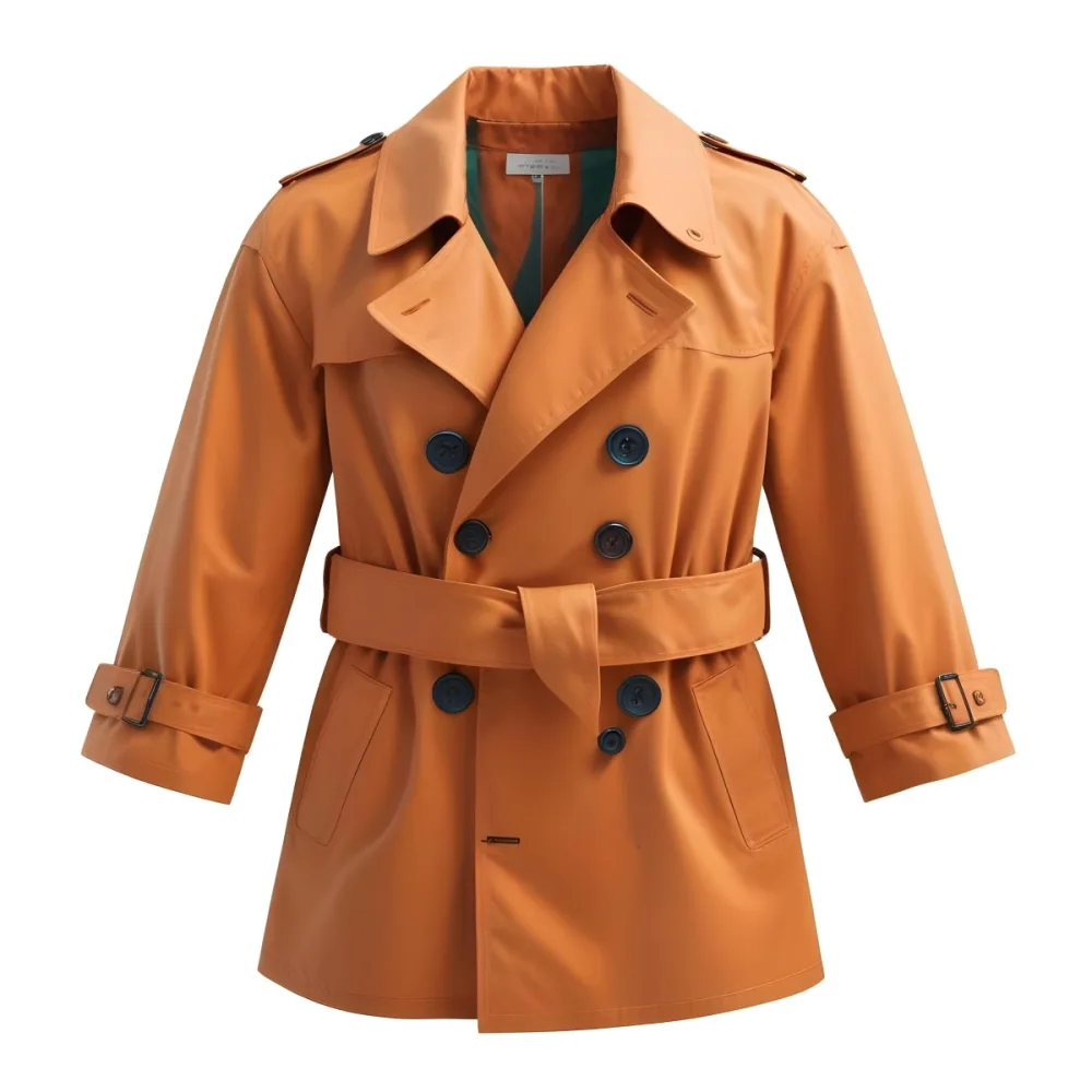 3d Model A Stylized Cartoonish Trench Coat In A Warm Orange Color Featuring A Double Breasted Design With Dark Buttons And A Wide Belt Around The Waist The Coat Has A Classic Collar And Rolled Up Sleeves Giving It A 77 F8d5