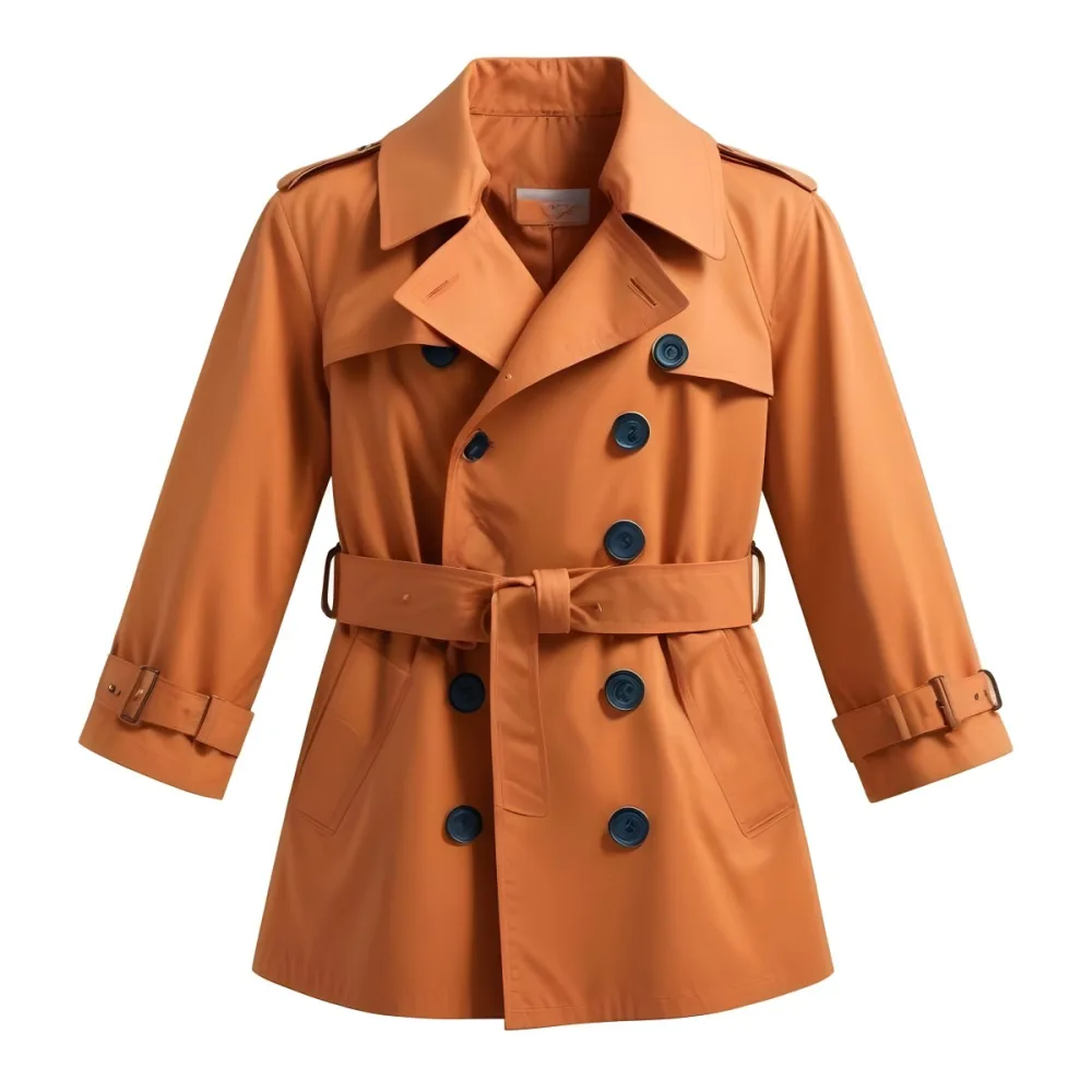 3d Model A Stylized Cartoonish Trench Coat In A Warm Orange Color Featuring A Double Breasted Design With Dark Buttons And A Wide Belt Around The Waist The Coat Has A Classic Collar And Rolled Up Sleeves Giving It A 80 6791