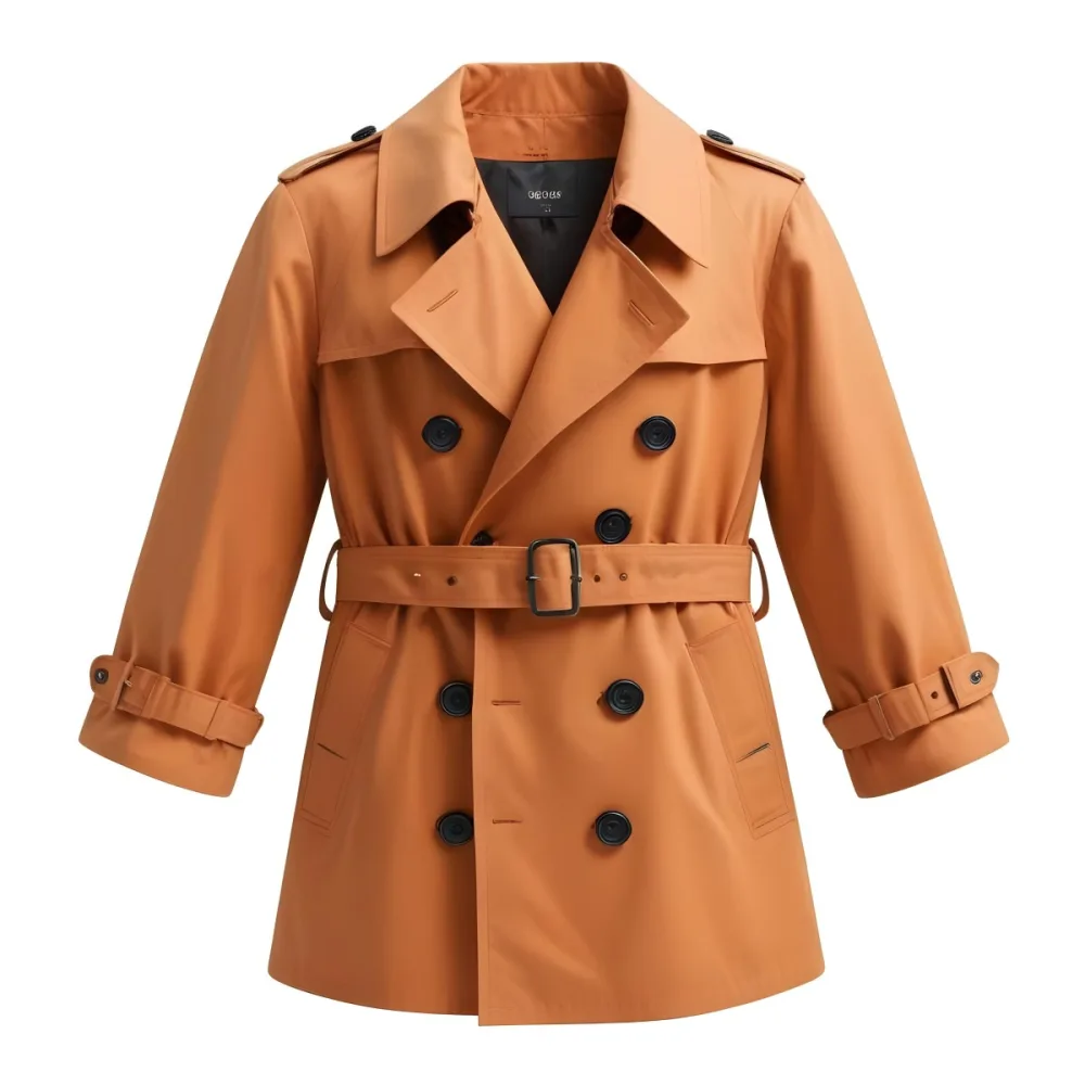 3d Model A Stylized Cartoonish Trench Coat In A Warm Orange Color Featuring A Double Breasted Design With Dark Buttons And A Wide Belt Around The Waist The Coat Has A Classic Collar And Rolled Up Sleeves Giving It A 81 E1ad