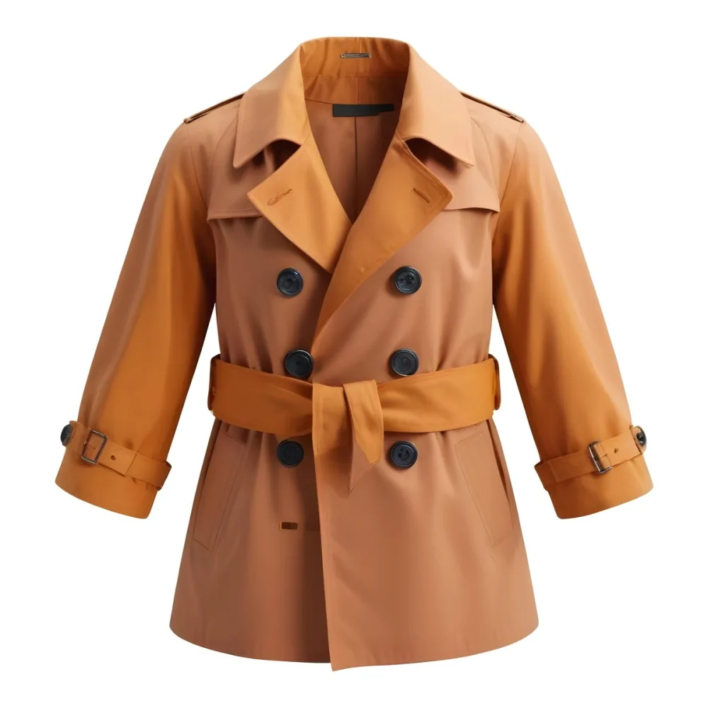 3d Model A Stylized Cartoonish Trench Coat In A Warm Orange Color Featuring A Double Breasted Design With Dark Buttons And A Wide Belt Around The Waist The Coat Has A Classic Collar And Rolled Up Sleeves Giving It A 84 E5c5