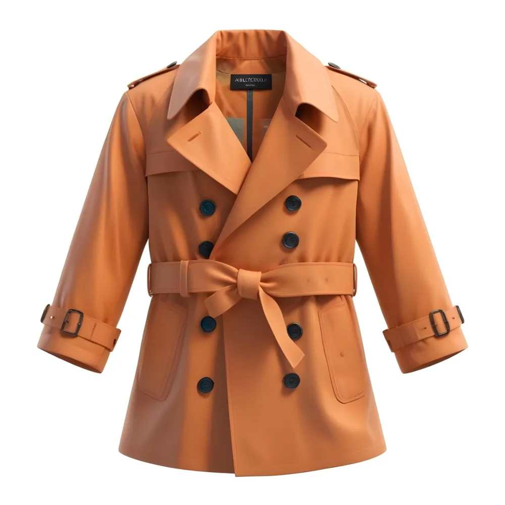 3d Model A Stylized Cartoonish Trench Coat In A Warm Orange Color Featuring A Double Breasted Design With Dark Buttons And A Wide Belt Around The Waist The Coat Has A Classic Collar And Rolled Up Sleeves Giving It A 88 D4ae