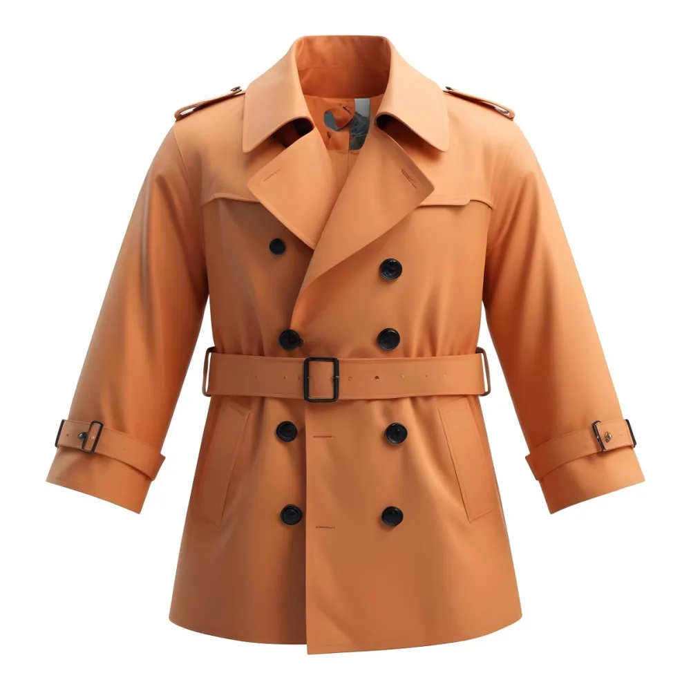 3d Model A Stylized Cartoonish Trench Coat In A Warm Orange Color Featuring A Double Breasted Design With Dark Buttons And A Wide Belt Around The Waist The Coat Has A Classic Collar And Rolled Up Sleeves Giving It A 89 7d84