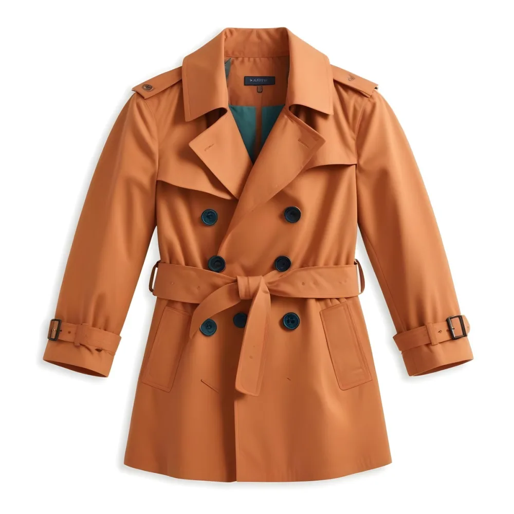 3d Model A Stylized Cartoonish Trench Coat In A Warm Orange Color Featuring A Double Breasted Design With Dark Buttons And A Wide Belt Around The Waist The Coat Has A Classic Collar And Rolled Up Sleeves Giving It A 9 Cf61