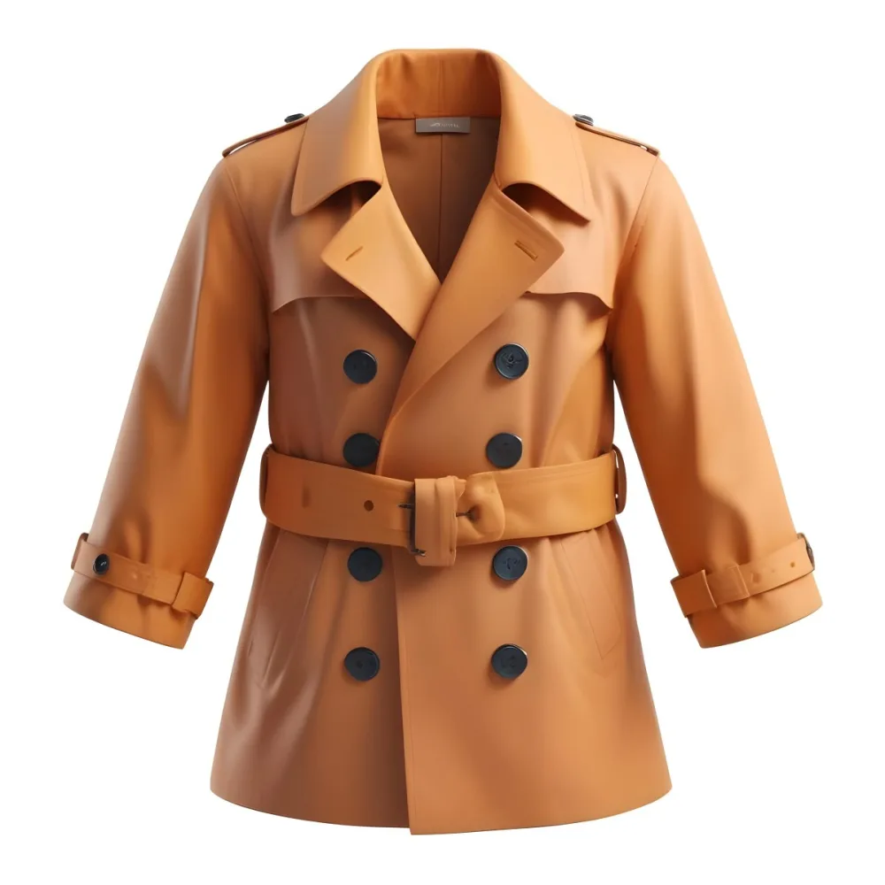 3d Model A Stylized Cartoonish Trench Coat In A Warm Orange Color Featuring A Double Breasted Design With Dark Buttons And A Wide Belt Around The Waist The Coat Has A Classic Collar And Rolled Up Sleeves Giving It A 90 4b8a