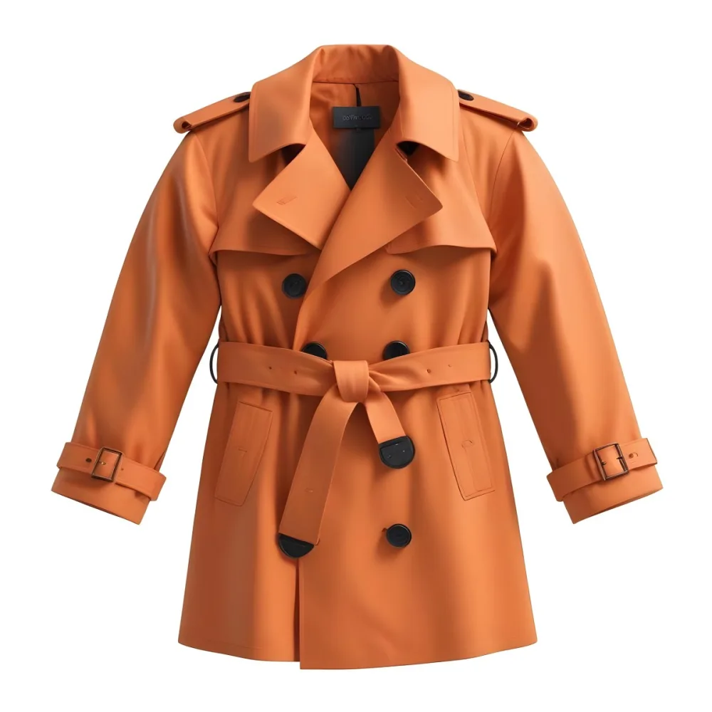 3d Model A Stylized Cartoonish Trench Coat In A Warm Orange Color Featuring A Double Breasted Design With Dark Buttons And A Wide Belt Around The Waist The Coat Has A Classic Collar And Rolled Up Sleeves Giving It A 91 0faf