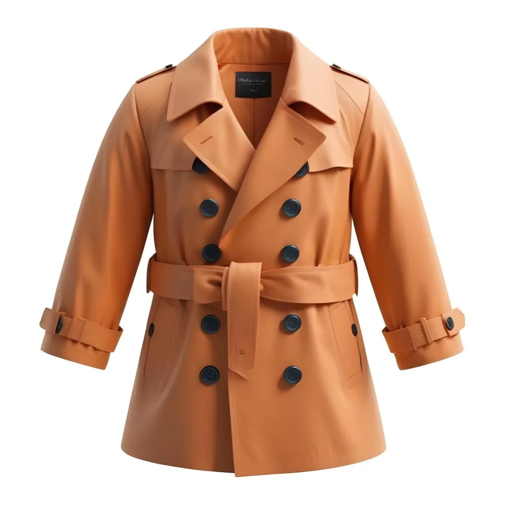 3d Model A Stylized Cartoonish Trench Coat In A Warm Orange Color Featuring A Double Breasted Design With Dark Buttons And A Wide Belt Around The Waist The Coat Has A Classic Collar And Rolled Up Sleeves Giving It A 92 479c