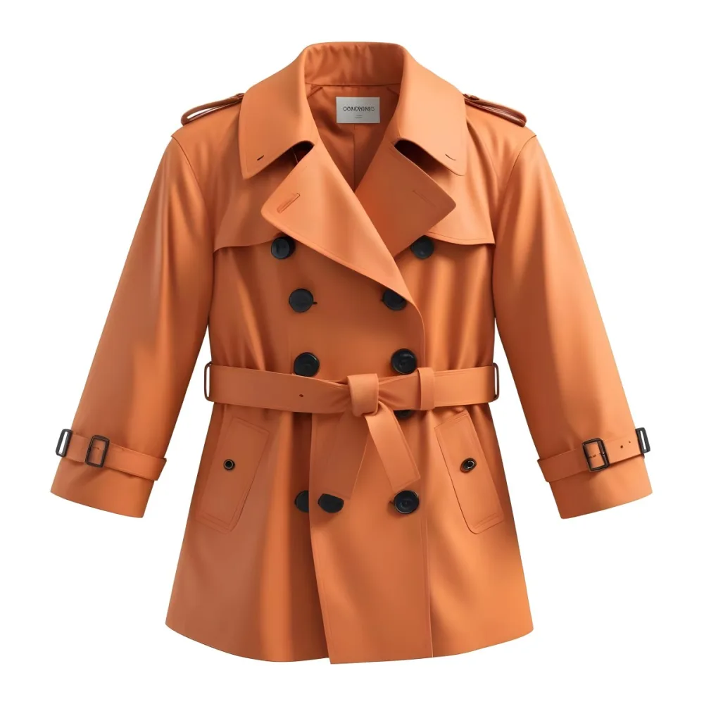 3d Model A Stylized Cartoonish Trench Coat In A Warm Orange Color Featuring A Double Breasted Design With Dark Buttons And A Wide Belt Around The Waist The Coat Has A Classic Collar And Rolled Up Sleeves Giving It A 93 3cb9