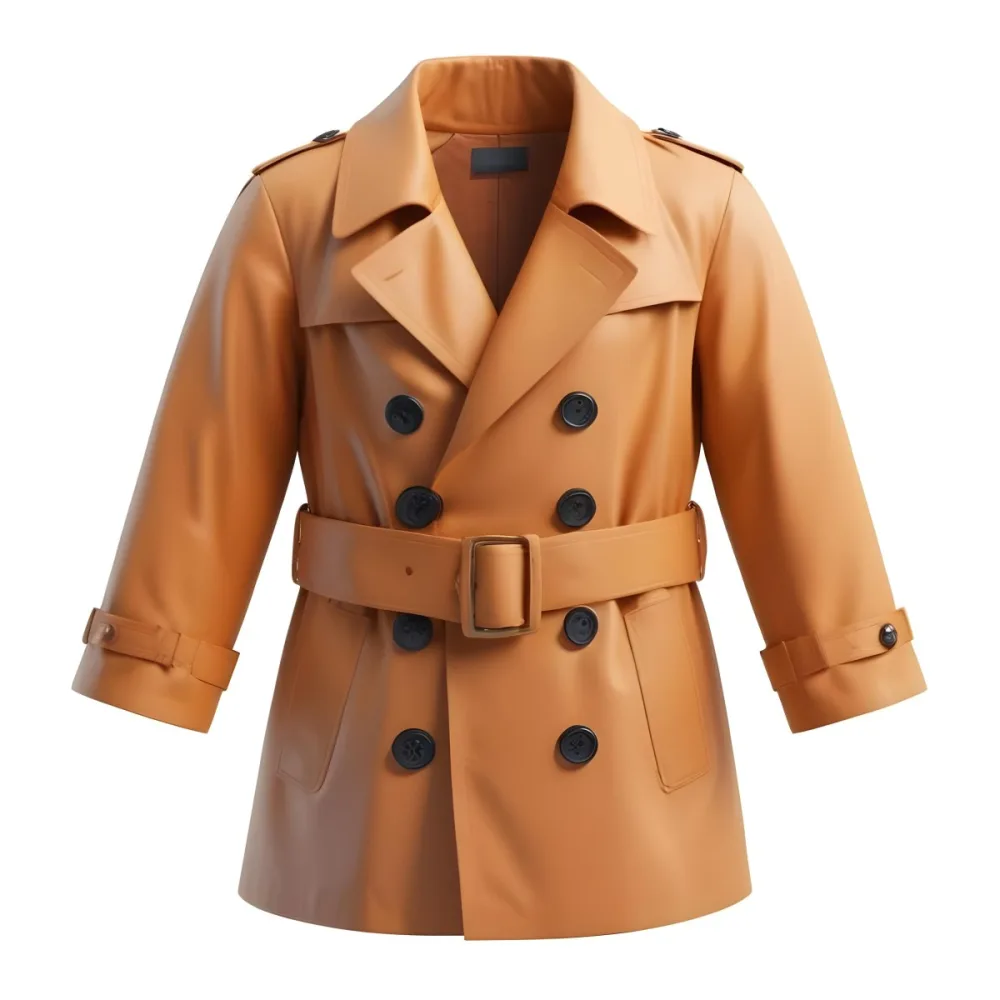 3d Model A Stylized Cartoonish Trench Coat In A Warm Orange Color Featuring A Double Breasted Design With Dark Buttons And A Wide Belt Around The Waist The Coat Has A Classic Collar And Rolled Up Sleeves Giving It A 94 9c99