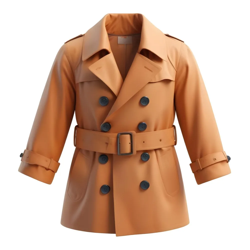3d Model A Stylized Cartoonish Trench Coat In A Warm Orange Color Featuring A Double Breasted Design With Dark Buttons And A Wide Belt Around The Waist The Coat Has A Classic Collar And Rolled Up Sleeves Giving It A 96 F481
