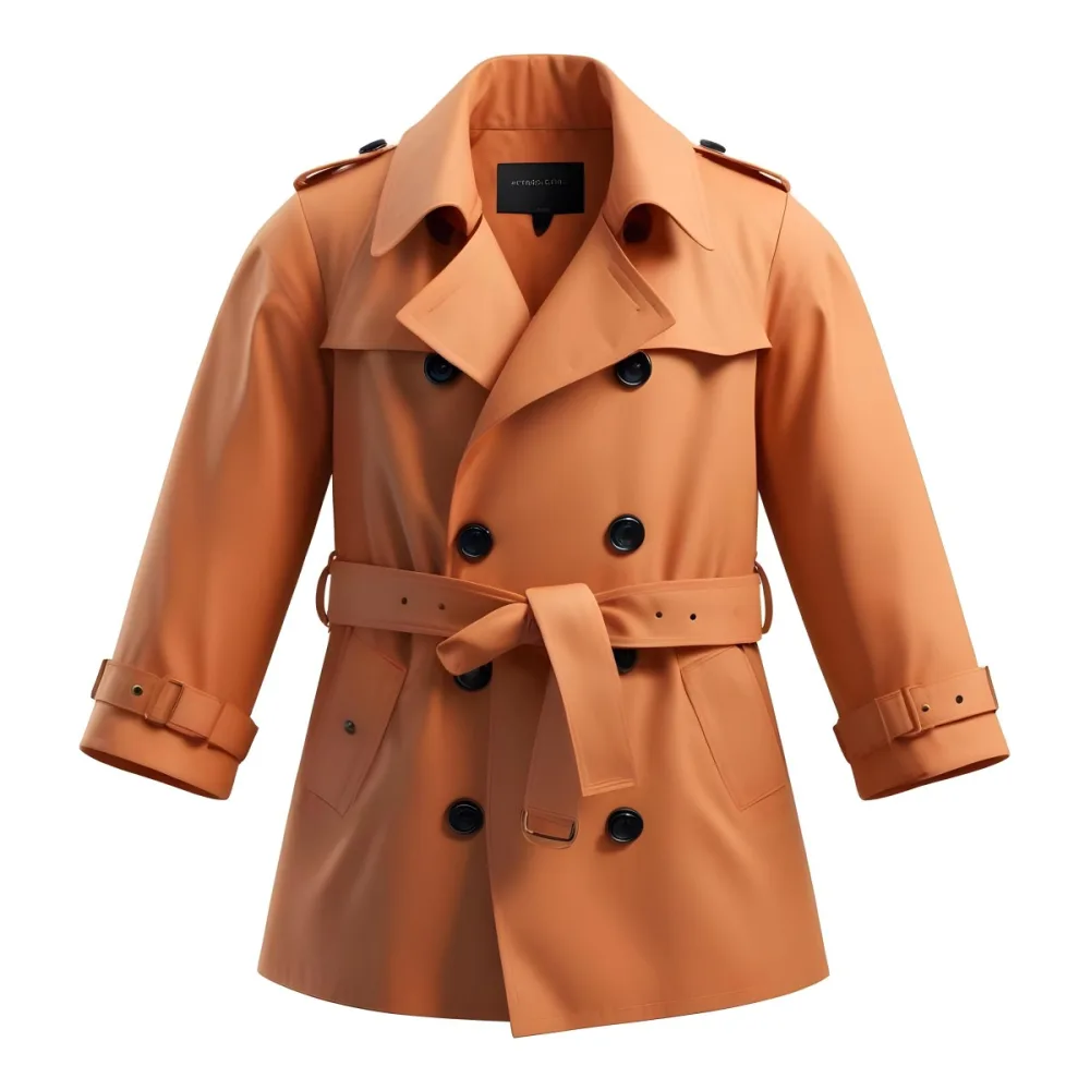 3d Model A Stylized Cartoonish Trench Coat In A Warm Orange Color Featuring A Double Breasted Design With Dark Buttons And A Wide Belt Around The Waist The Coat Has A Classic Collar And Rolled Up Sleeves Giving It A 97 71bb