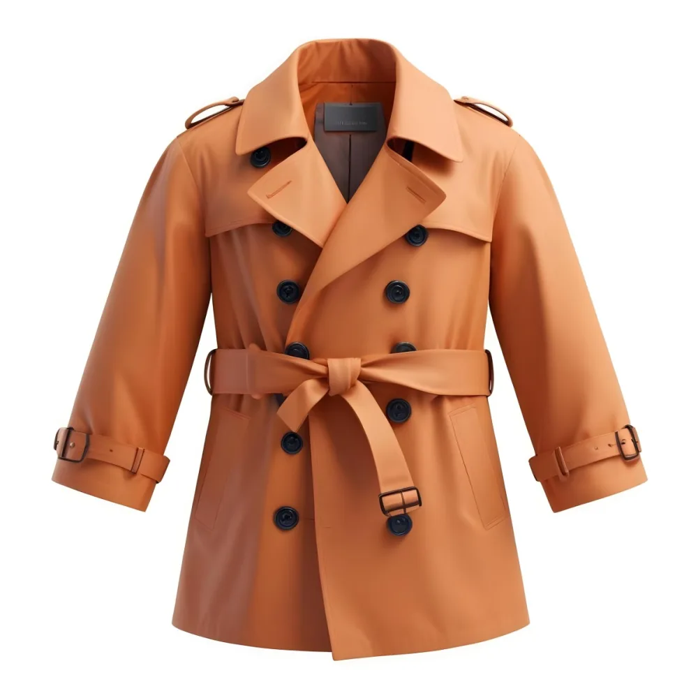 3d Model A Stylized Cartoonish Trench Coat In A Warm Orange Color Featuring A Double Breasted Design With Dark Buttons And A Wide Belt Around The Waist The Coat Has A Classic Collar And Rolled Up Sleeves Giving It A 98 B2fd