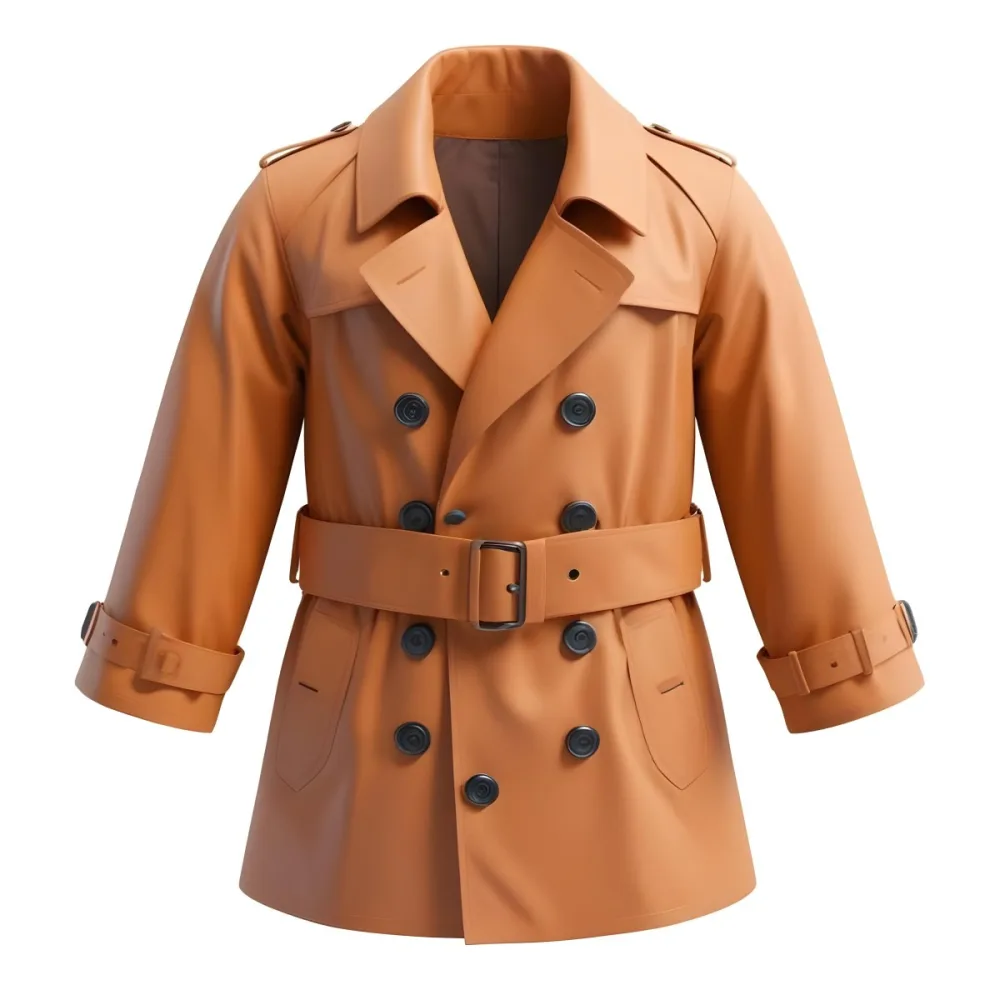3d Model A Stylized Cartoonish Trench Coat In A Warm Orange Color Featuring A Double Breasted Design With Dark Buttons And A Wide Belt Around The Waist The Coat Has A Classic Collar And Rolled Up Sleeves Giving It A 99 47a1