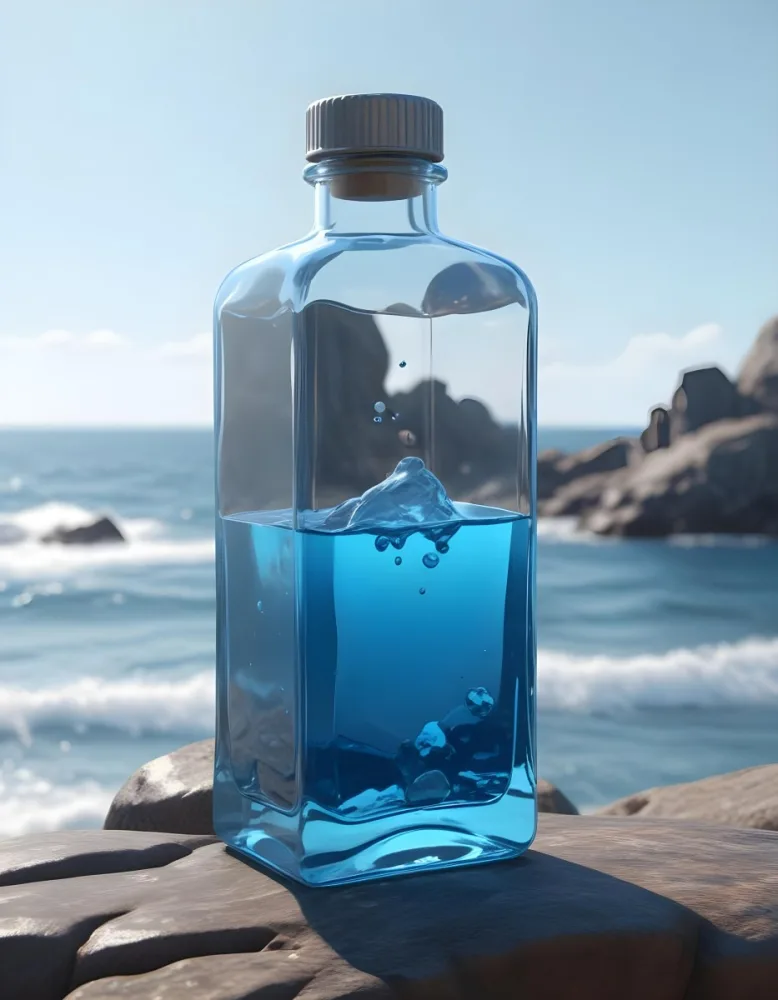 3d Model A Transparent Square Bottle With Blue Liquid And A Transparent Dispenser On A Rock Ocean Background Figure Octane Render Volumetric Highly Detailed Videogame Aesthetic 1 1c00