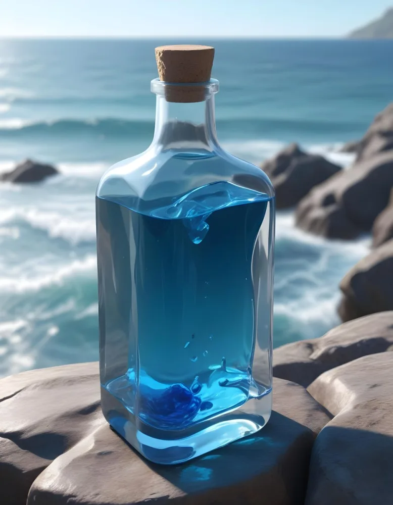 3d Model A Transparent Square Bottle With Blue Liquid And A Transparent Dispenser On A Rock Ocean Background Figure Octane Render Volumetric Highly Detailed Videogame Aesthetic 10 12ec