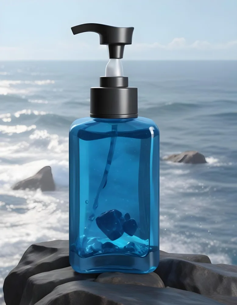 3d Model A Transparent Square Bottle With Blue Liquid And A Transparent Dispenser On A Rock Ocean Background Figure Octane Render Volumetric Highly Detailed Videogame Aesthetic 17 Eb72