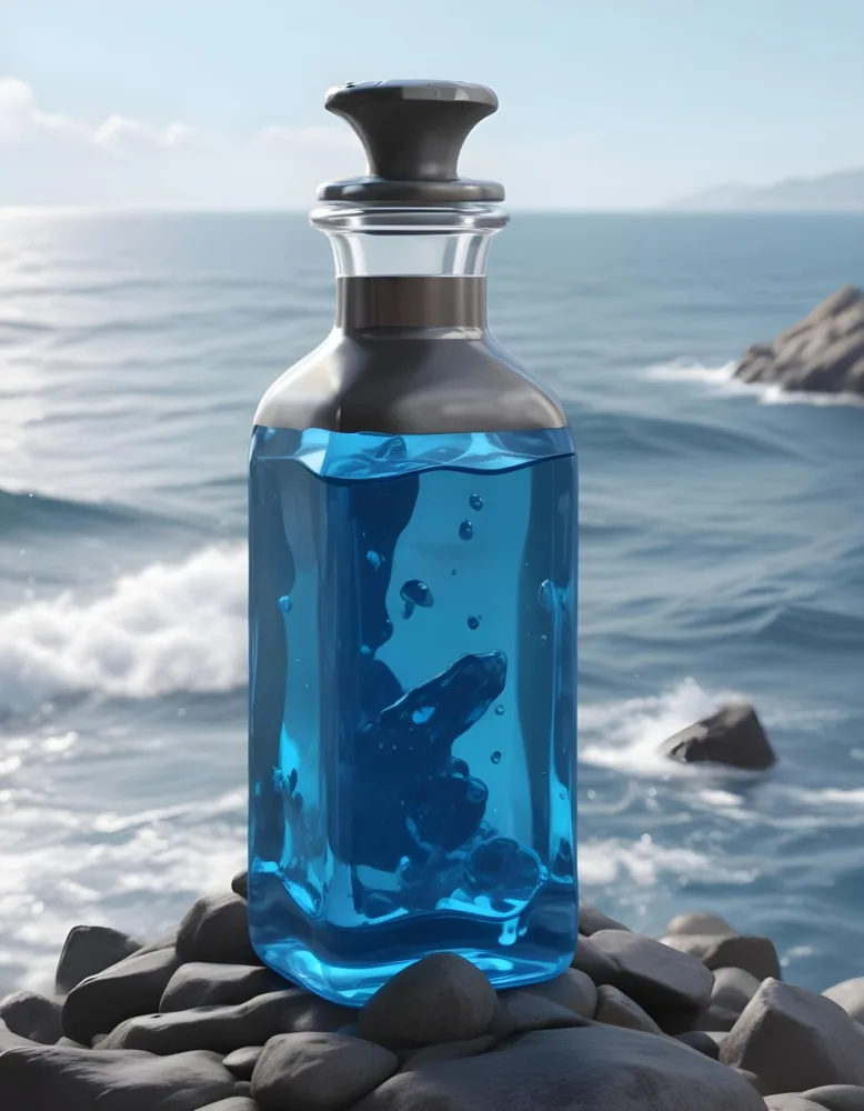 3d Model A Transparent Square Bottle With Blue Liquid And A Transparent Dispenser On A Rock Ocean Background Figure Octane Render Volumetric Highly Detailed Videogame Aesthetic 18 4d07