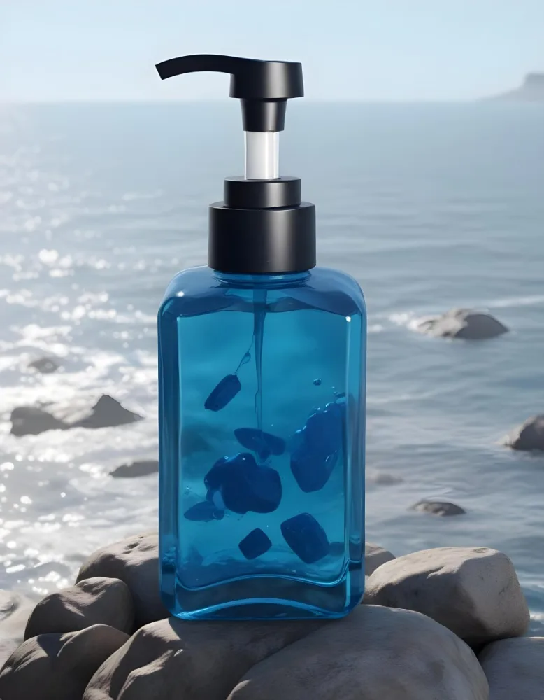 3d Model A Transparent Square Bottle With Blue Liquid And A Transparent Dispenser On A Rock Ocean Background Figure Octane Render Volumetric Highly Detailed Videogame Aesthetic 2 2f5f