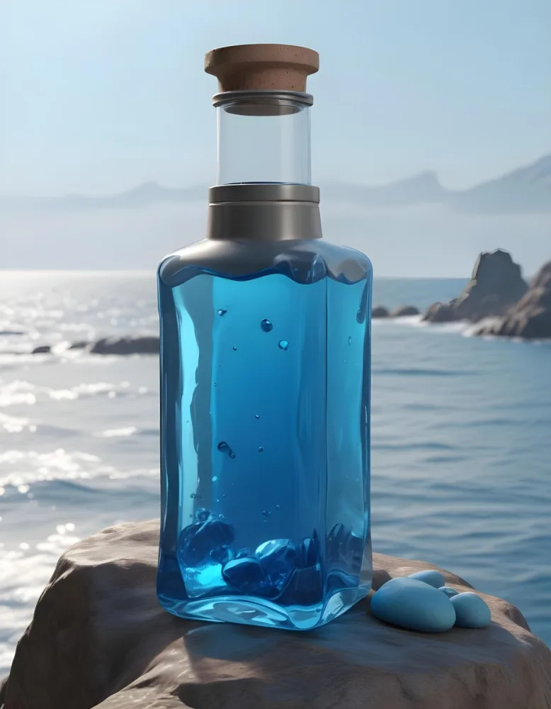 3d Model A Transparent Square Bottle With Blue Liquid And A Transparent Dispenser On A Rock Ocean Background Figure Octane Render Volumetric Highly Detailed Videogame Aesthetic 22 Ac89