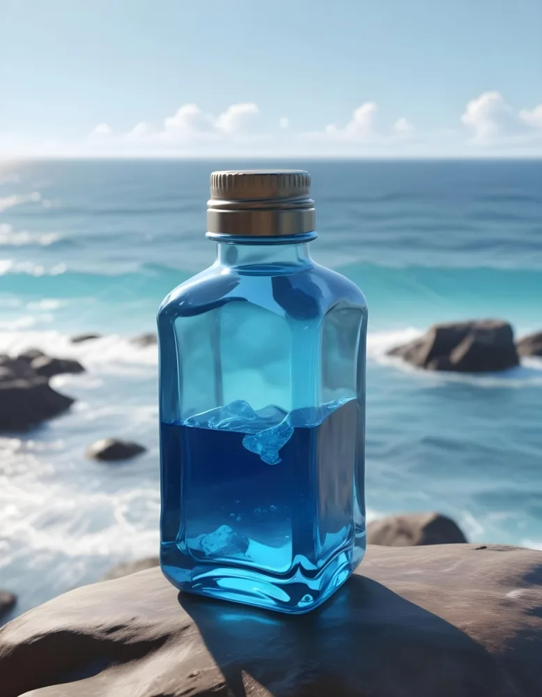 3d Model A Transparent Square Bottle With Blue Liquid And A Transparent Dispenser On A Rock Ocean Background Figure Octane Render Volumetric Highly Detailed Videogame Aesthetic 23 6129