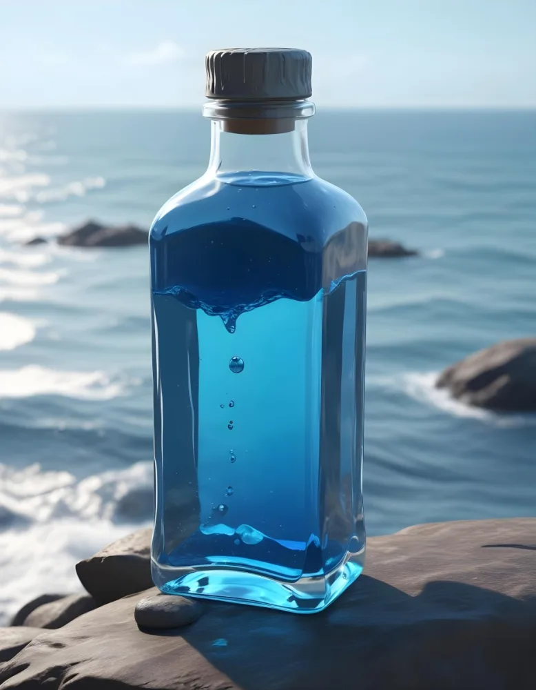3d Model A Transparent Square Bottle With Blue Liquid And A Transparent Dispenser On A Rock Ocean Background Figure Octane Render Volumetric Highly Detailed Videogame Aesthetic 25 2e40