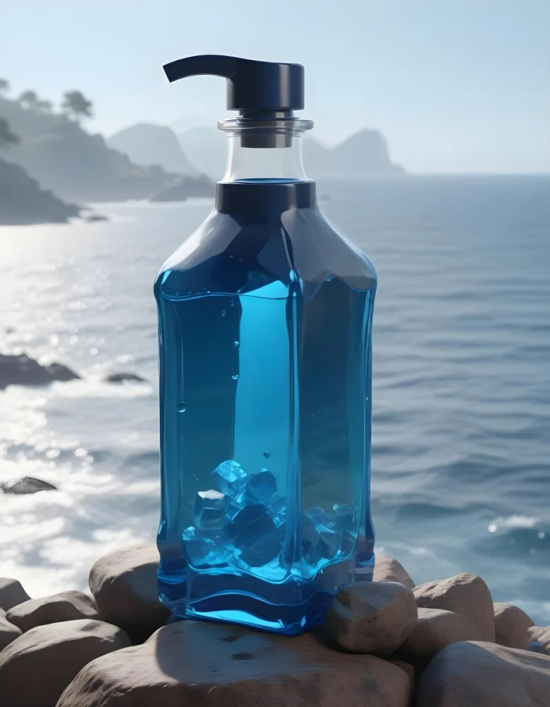 3d Model A Transparent Square Bottle With Blue Liquid And A Transparent Dispenser On A Rock Ocean Background Figure Octane Render Volumetric Highly Detailed Videogame Aesthetic 27 335c