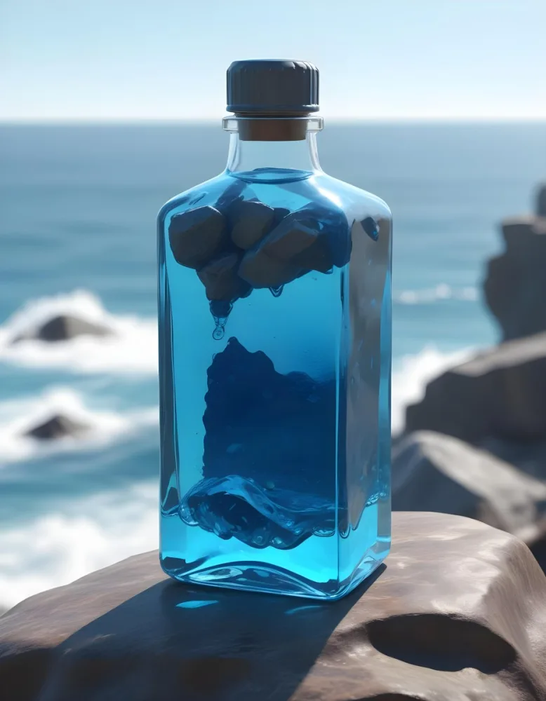 3d Model A Transparent Square Bottle With Blue Liquid And A Transparent Dispenser On A Rock Ocean Background Figure Octane Render Volumetric Highly Detailed Videogame Aesthetic 3 D782