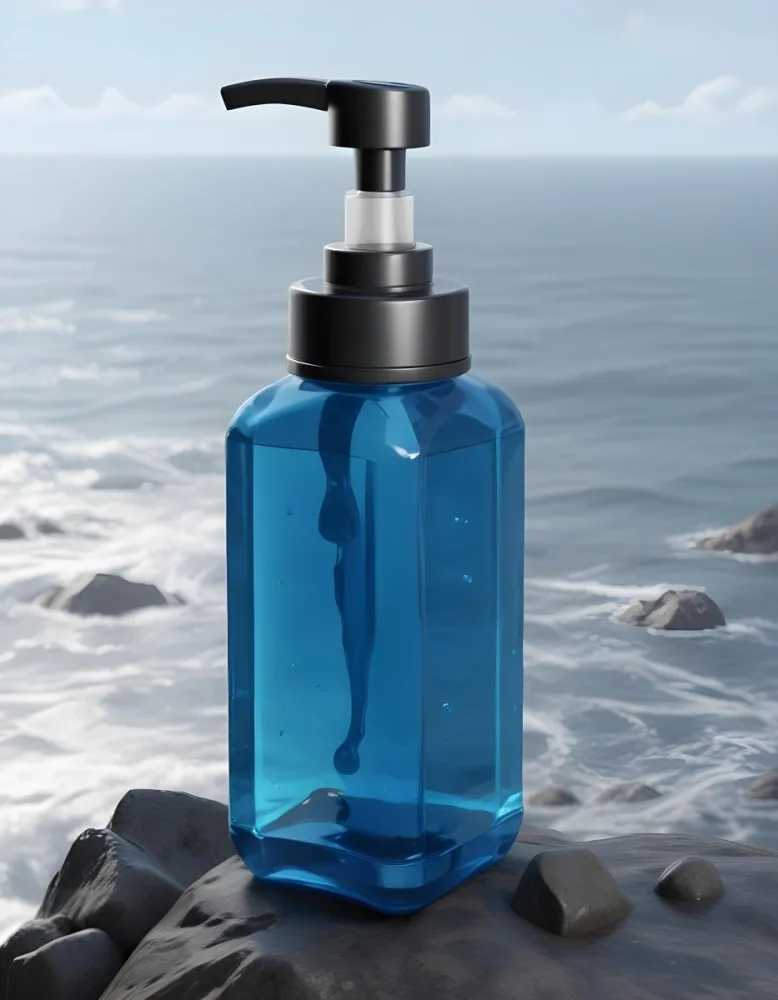 3d Model A Transparent Square Bottle With Blue Liquid And A Transparent Dispenser On A Rock Ocean Background Figure Octane Render Volumetric Highly Detailed Videogame Aesthetic 31 193b