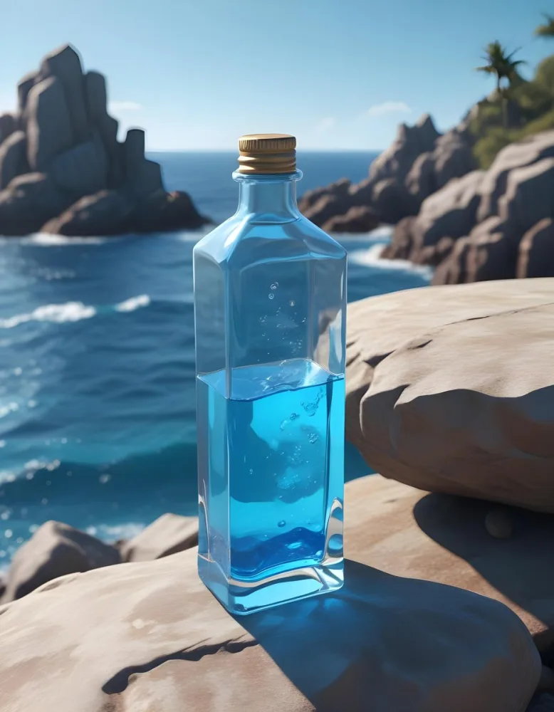 3d Model A Transparent Square Bottle With Blue Liquid And A Transparent Dispenser On A Rock Ocean Background Figure Octane Render Volumetric Highly Detailed Videogame Aesthetic 34 9a53