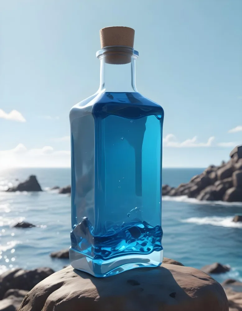 3d Model A Transparent Square Bottle With Blue Liquid And A Transparent Dispenser On A Rock Ocean Background Figure Octane Render Volumetric Highly Detailed Videogame Aesthetic 35 03be