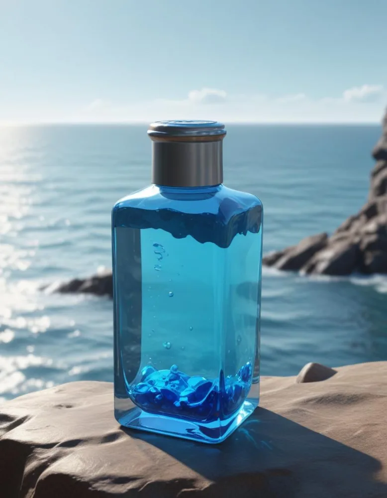 3d Model A Transparent Square Bottle With Blue Liquid And A Transparent Dispenser On A Rock Ocean Background Figure Octane Render Volumetric Highly Detailed Videogame Aesthetic 36 A9f8