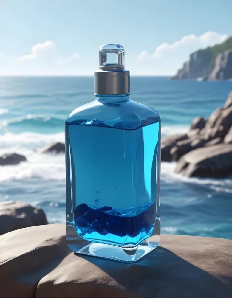 3d Model A Transparent Square Bottle With Blue Liquid And A Transparent Dispenser On A Rock Ocean Background Figure Octane Render Volumetric Highly Detailed Videogame Aesthetic 39 Ce3b