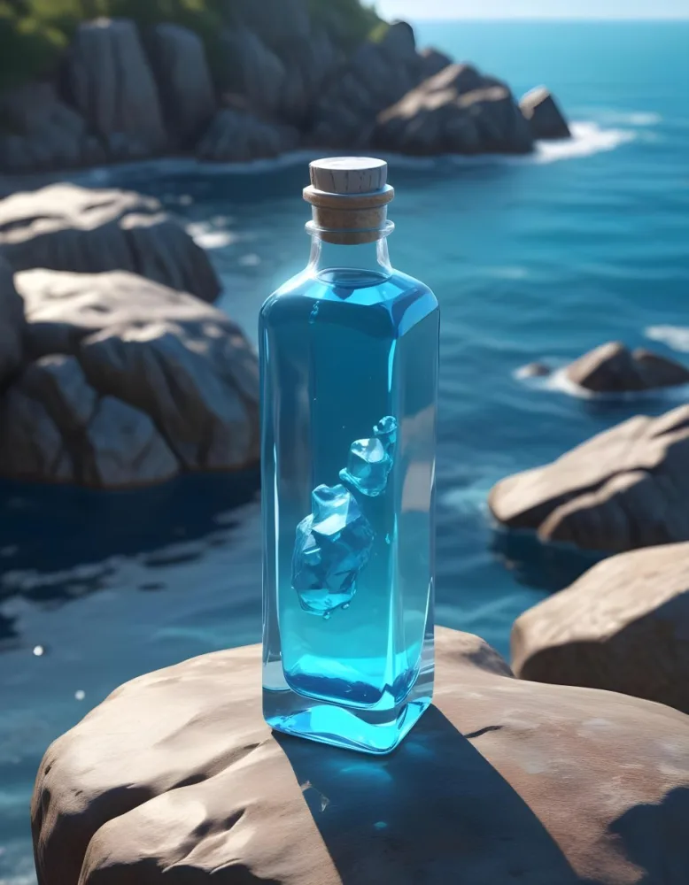3d Model A Transparent Square Bottle With Blue Liquid And A Transparent Dispenser On A Rock Ocean Background Figure Octane Render Volumetric Highly Detailed Videogame Aesthetic 7 F1c0