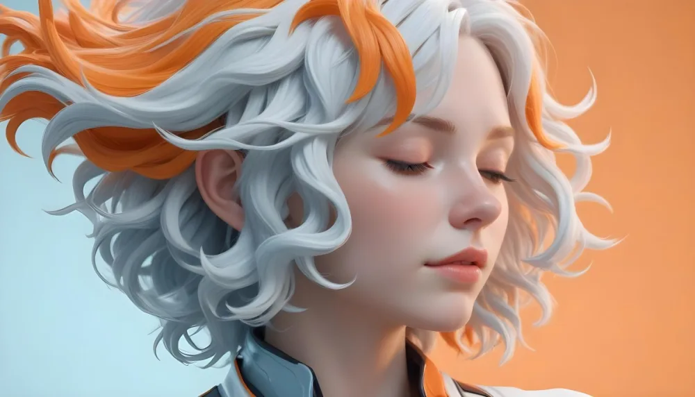 3d Model A White Woman 25 Years Old With Orange Skin And Closed Eyes White Wavy Hair Light Blue Background Figure Octane Render Volumetric Highly Detailed Videogame Aesthetic 10 4f71