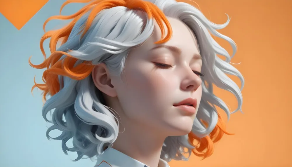 3d Model A White Woman 25 Years Old With Orange Skin And Closed Eyes White Wavy Hair Light Blue Background Figure Octane Render Volumetric Highly Detailed Videogame Aesthetic 25 Df2c
