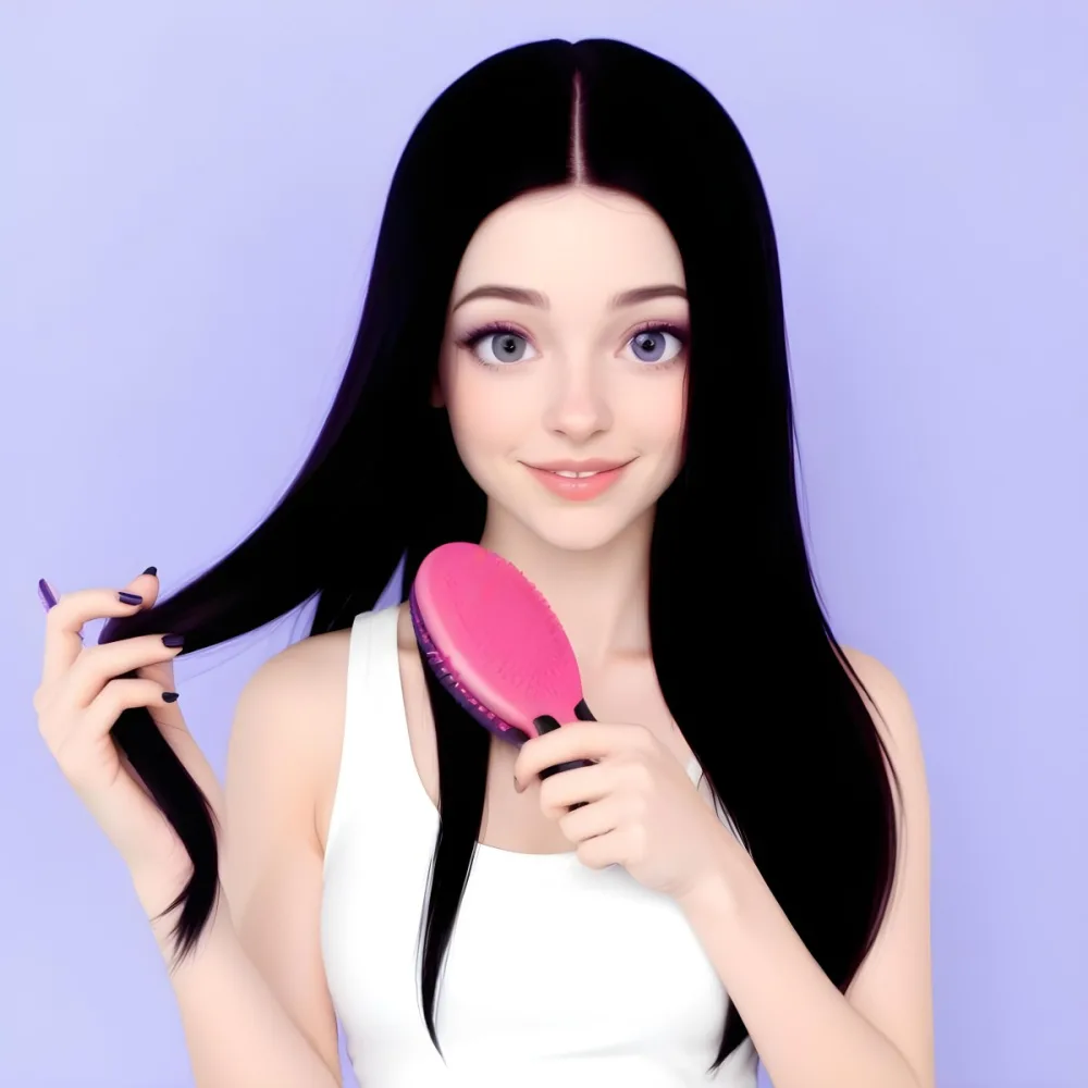 3d Model A Young Woman With Long Straight Purple Hair Is Winking While Holding A Purple Hairbrush In Her Right Hand She Is Wearing A Black Tank Top And Has Black Nail Polish On Her Fingers The Background Is A Soft Pur Aa33