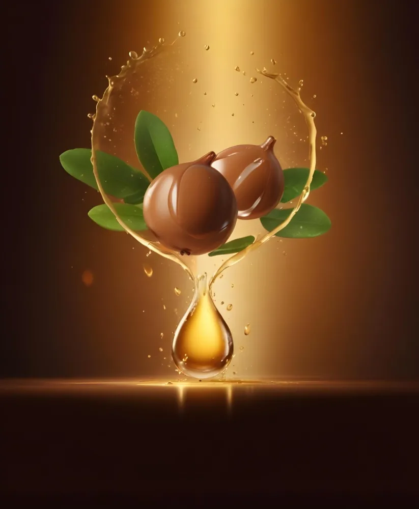 3d Model Argan Leaves With Brown Leaves And A Drop Of Oil Falling Golden Light Green Background Product Advertisement Luxury Shiny Figure Octane Render Volumetric Highly Detailed Videogame Aesthetic 13 7003