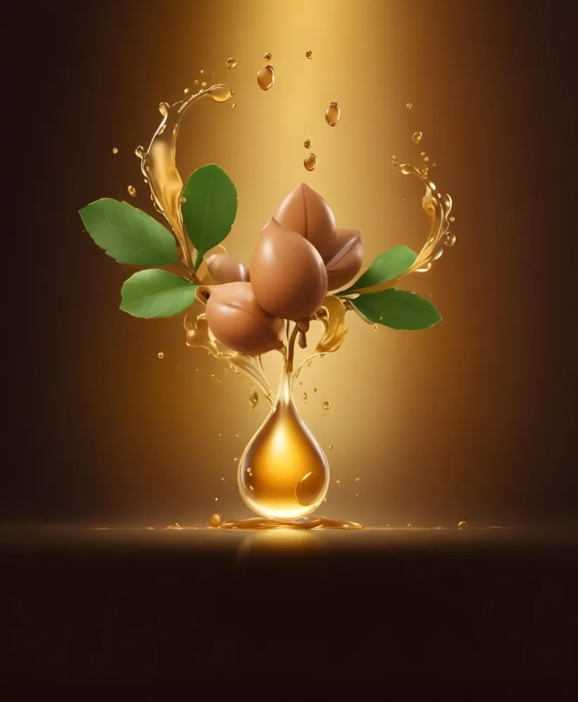 3d Model Argan Leaves With Brown Leaves And A Drop Of Oil Falling Golden Light Green Background Product Advertisement Luxury Shiny Figure Octane Render Volumetric Highly Detailed Videogame Aesthetic 21 17bd