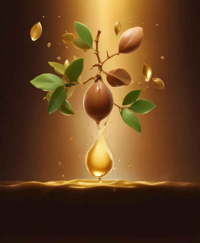 3d Model Argan Leaves With Brown Leaves And A Drop Of Oil Falling Golden Light Green Background Product Advertisement Luxury Shiny Figure Octane Render Volumetric Highly Detailed Videogame Aesthetic 25 4a18